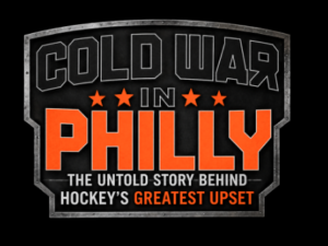 Logo for the documentary 'Cold War in Philly' featuring bold orange 'PHILLY' text inside a metallic shield and the subtitle 'The Untold Story Behind Hockey's Greatest Upset'.