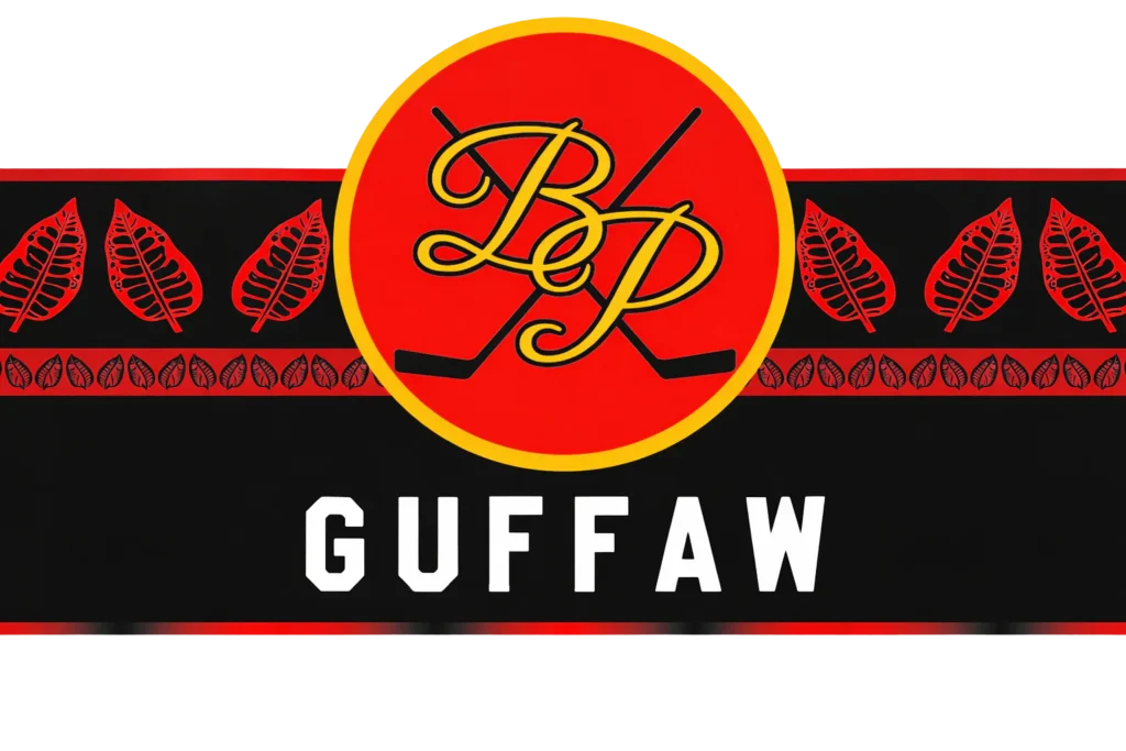 GUFFAW brand logo: a red circular emblem with a yellow border, crossed hockey sticks behind stylized initials, set on a black background with the word GUFFAW in bold white letters.
