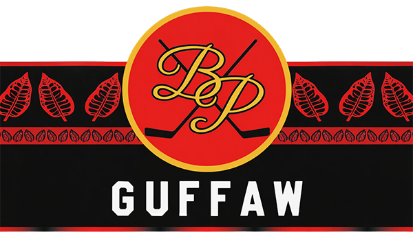 Red circular emblem with gold initials and crossed hockey sticks above the word GUFFAW on a black banner with red leaf border, forming a brand logo.