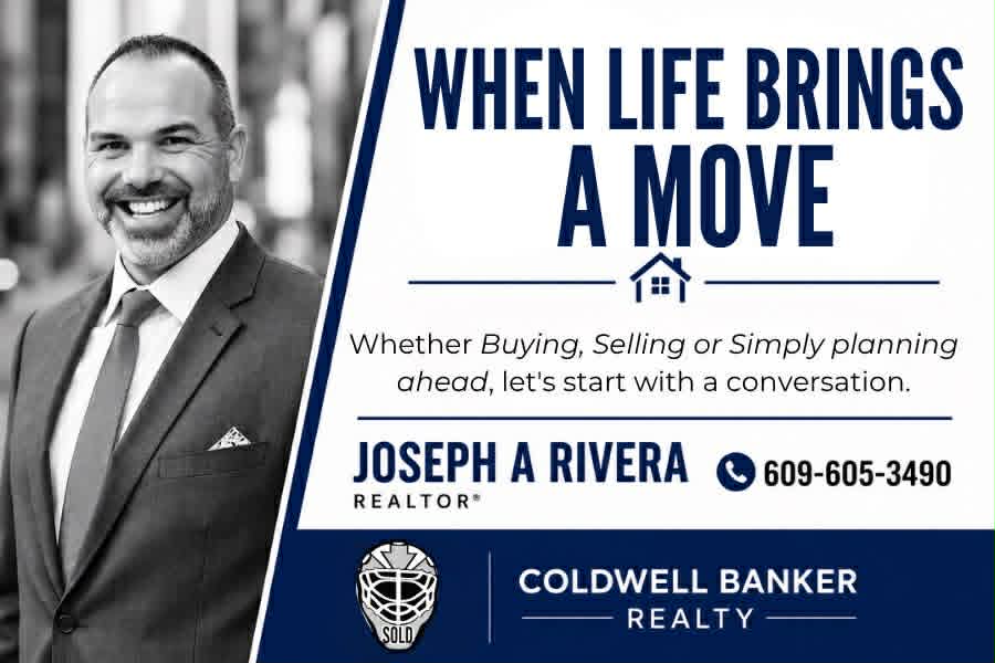 Smiling realtor on the left; right panel reads 'When Life Brings A Move' with Joseph A Rivera, 609-605-3490, and Coldwell Banker Realty logo.