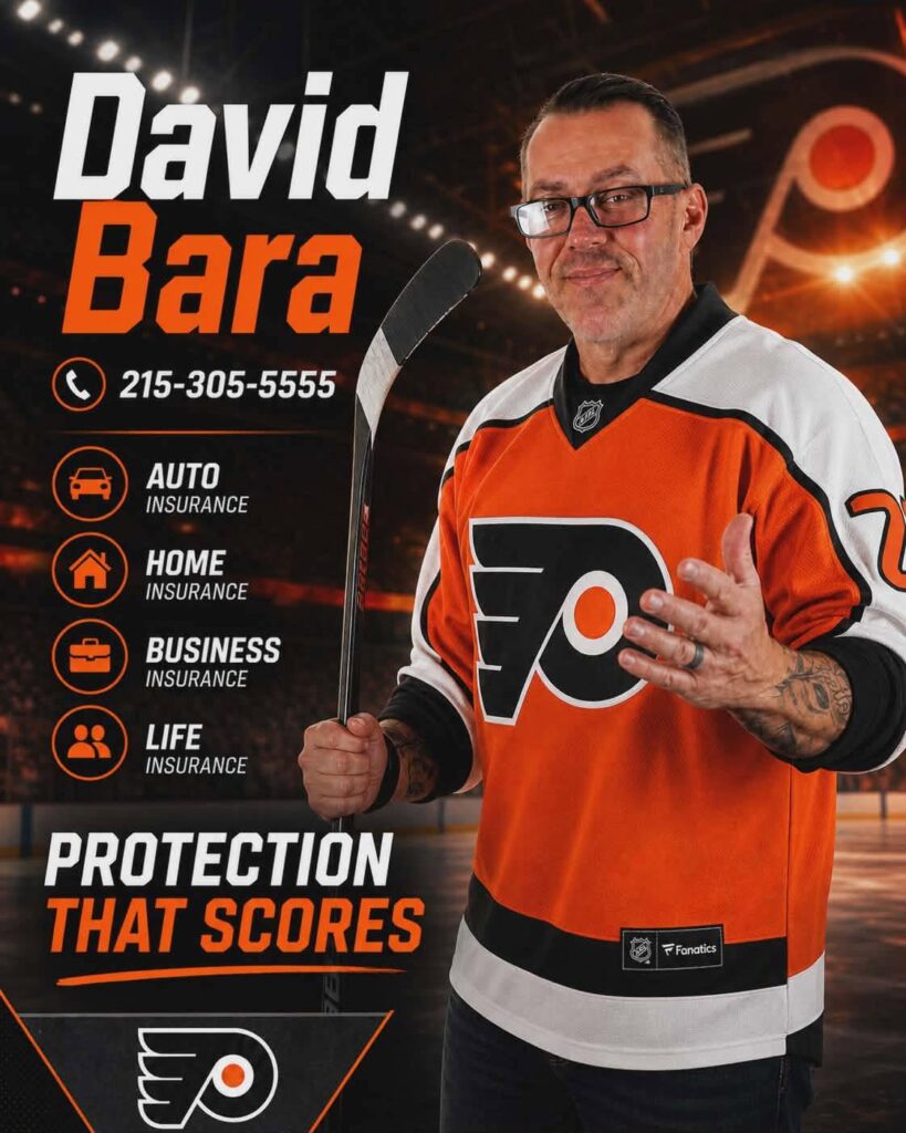 Promotional poster showing David Bara in a Flyers jersey, advertising auto, home, business, and life insurance with contact info.
