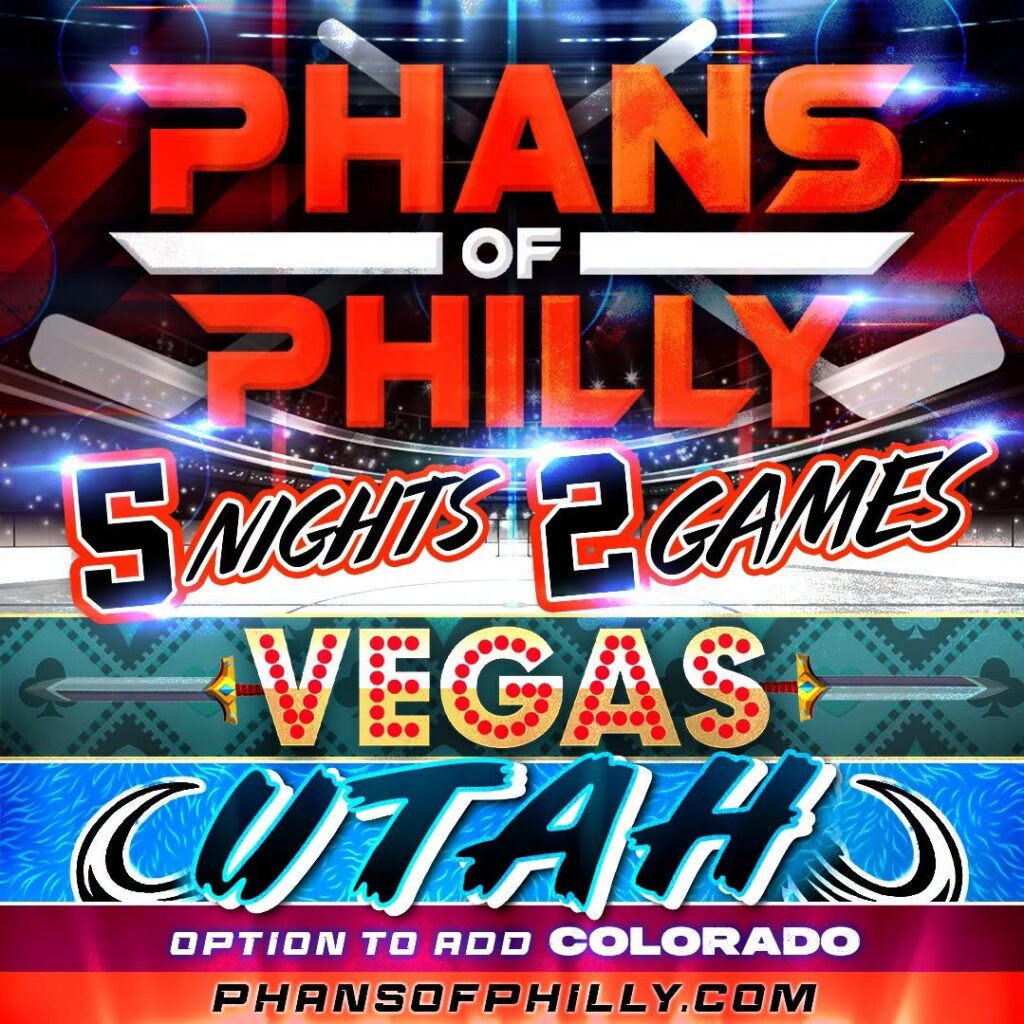 Multi-panel event poster for Phans of Philly announcing Las Vegas trip: bold 'PHANS OF PHILLY' text, '5 NIGHTS 2 GAMES', 'VEGAS', and the site phansofphilly.com.